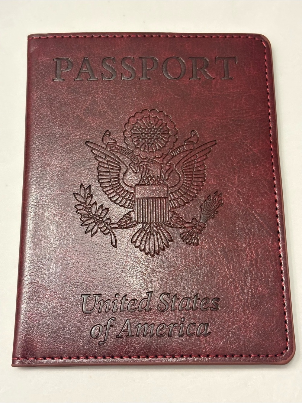 NEW Burgundy Vegan Leather Passport Holder Embossed Document Window Wine Merlot